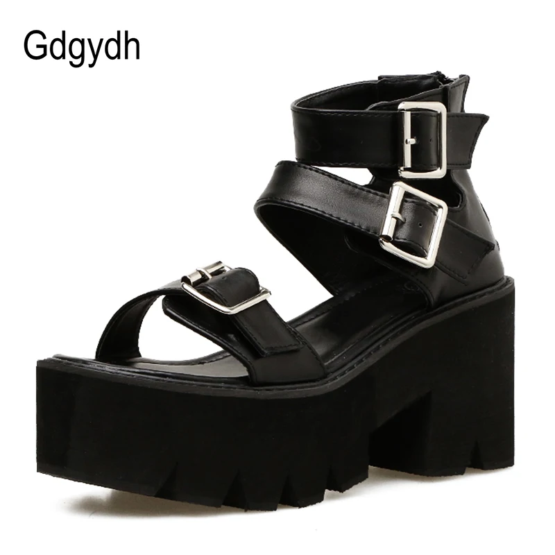 Gdgydh/модные летние женские босоножки с ремешком на щиколотке; обувь на платформе с открытым носком; женские черные уникальные вечерние туфли на высоком толстом каблуке; Размеры 35-40