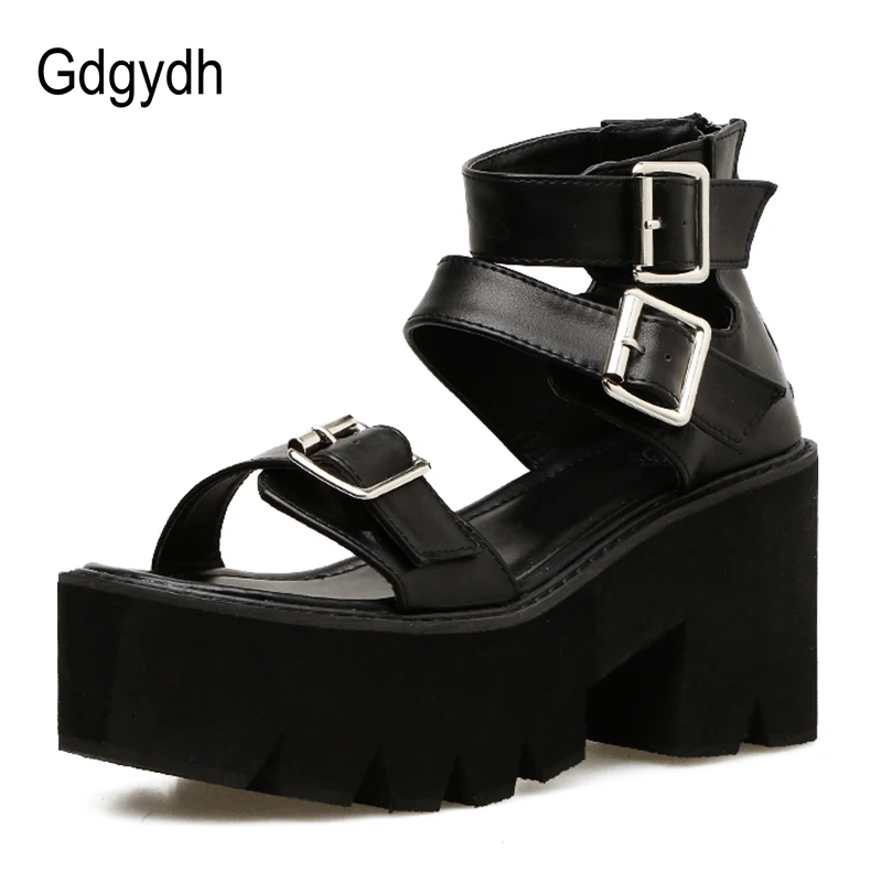Gdgydh الكاحل حزام الصيف أزياء النساء الصنادل المفتوحة اصبع القدم أحذية منصة عالية الكعب سميك الإناث أسود فريد أحذية الحفلات 35-40