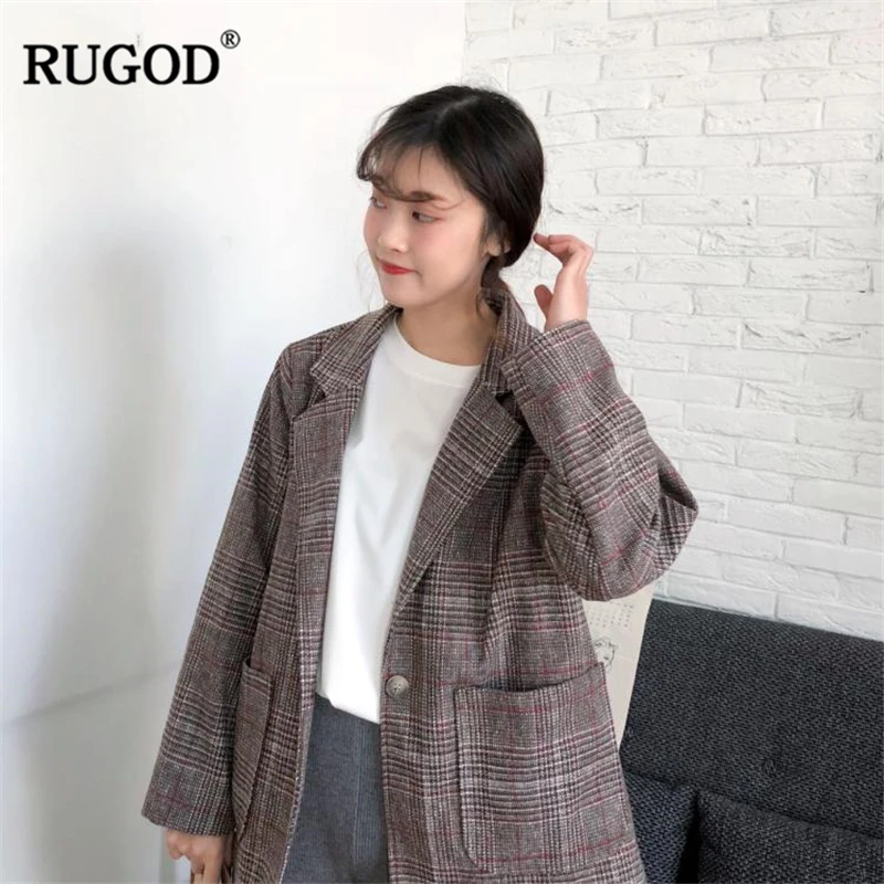 RUGOD 2018 элегантный офисный женский пиджак винтажное клетчатое пальто с длинным