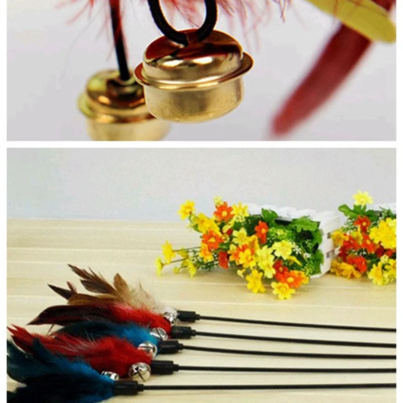 

Funny Pet Cat Feather Toys Cat Stick With Small Bell + Mixed Feathers Playing Rod Kitten Cat Interactive Stick Pets Supplies