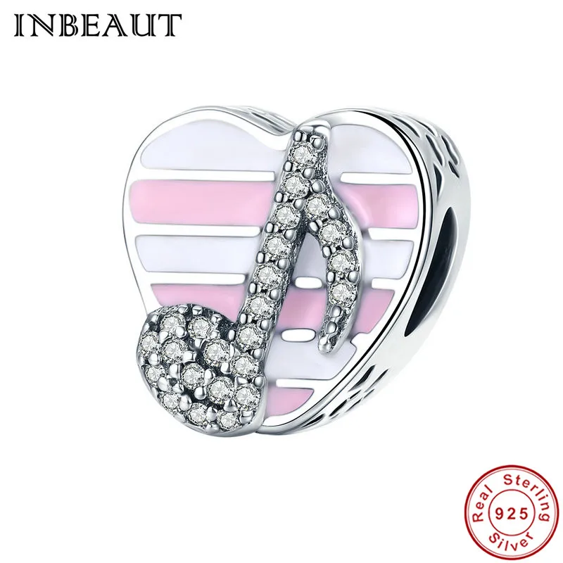 

INBEAUT 925 Sterling Silver Pink&White Enamel Cubic Zirconia Musical Key Engraved Note Heart Beads Charm fit Pandora Bracelet