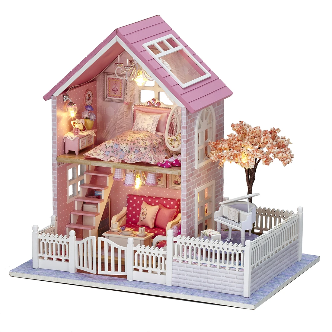 

Rowsfire Interesting Dollhouse Pink Oriental Cherry 3D Assembly DIY Household Creative House Kit with Piano