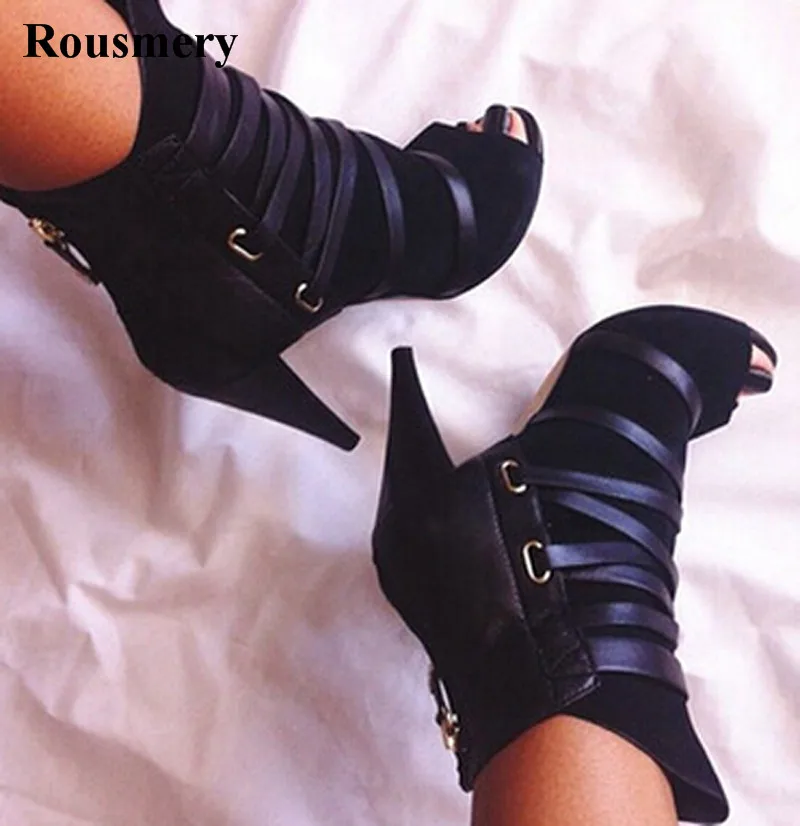 Women Open Toe Black Suede Leather Lace-up Ankle High Heel Boots Back Zipper-up Short Boots Cut-out Boots Spike Heel Boots Women Open Toe Black Suede Leather Lace-up Ankle High Heel Boots Back Zipper-up Short Boots Cut-out Boots Spike Heel Boots