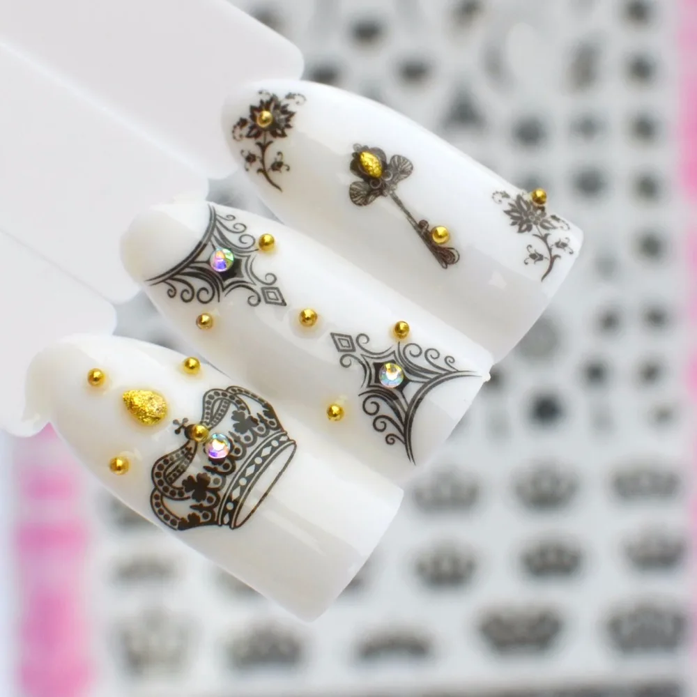 

WUF 3D Nail Stickers Decal Black crown Patterns Adheisve Transfer Tips Manicure Nail Art Decoration