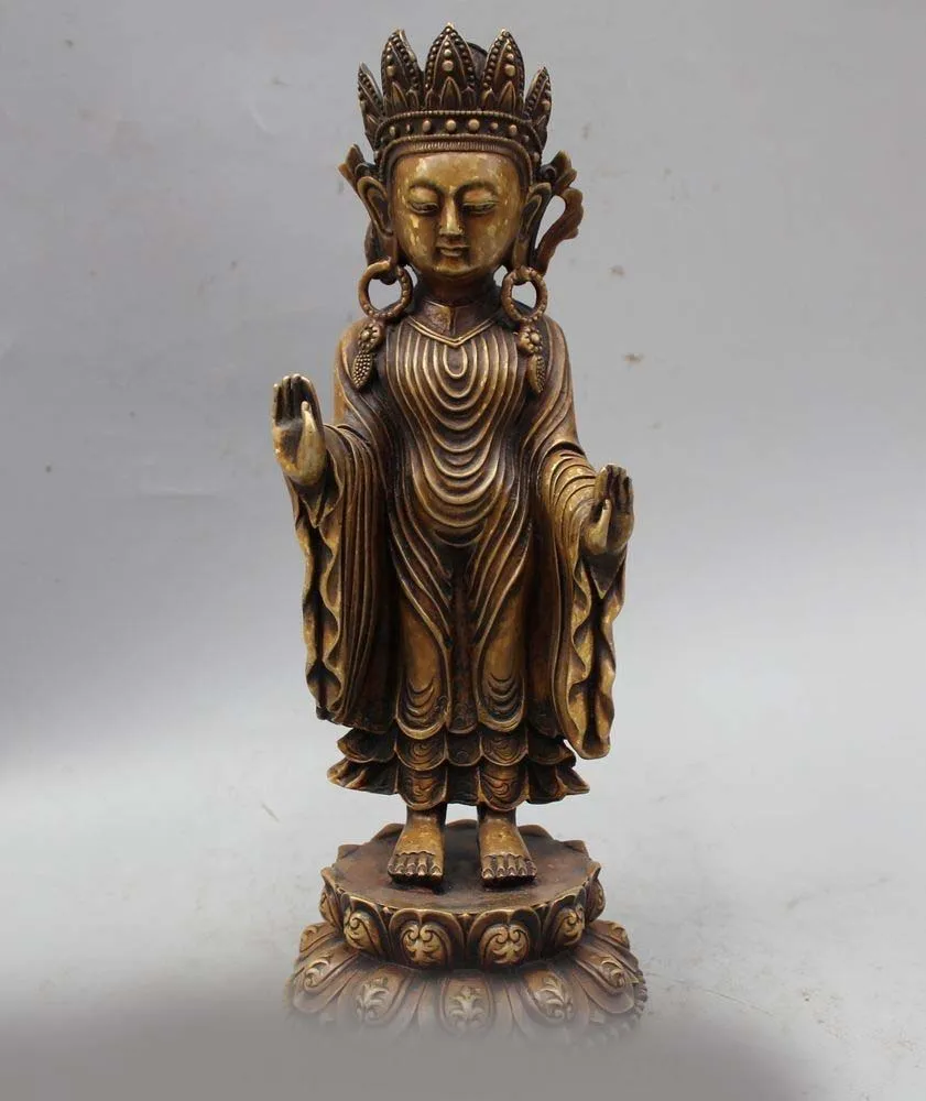 

12" Old Tibet Pure Bronze Buddhism Stand Guanyin Kwan-yin Boddhisattva Statue
