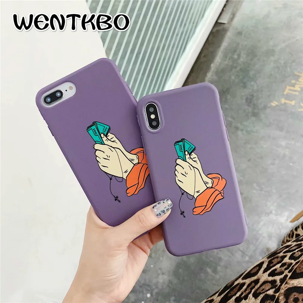 

Fashion Candy Purple Shockproof Shell for IPhone 7 Hand Gesture Money Pattern Phone Case for IPhone 6 6s 8Plus X XS MAX XR Cover