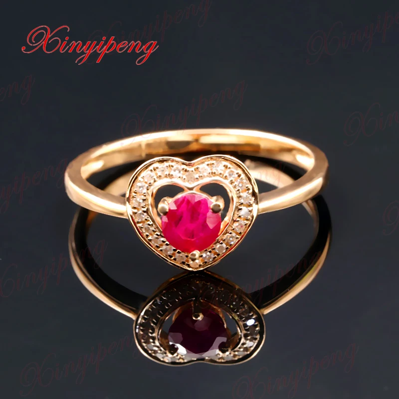 Xinyipeng 18 К цвета розового золота инкрустированные натуральный рубин кольцо Женщины бросить 4*4 дизайна стягивается с бриллиантами