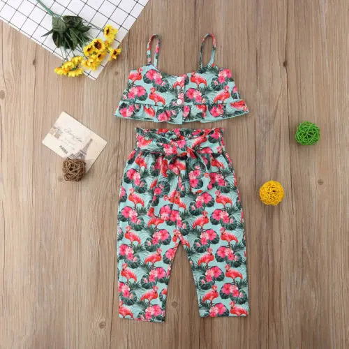 Fashion 2Pcs Toddler Baby Kid Girl Ruffles Flamingo Tops +Long Pants