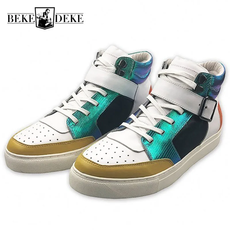 

Fashion Mens Hip Hop High Top Shoes Casual Sneakers Colors Mixed Brand Flats High Street Buckle Footwear Genuine Leather Shoes