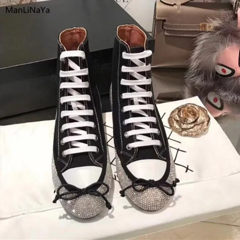 

Lace up Denim Platform Women Flat Shoes Brand Design Glitter Crystal Women Sneakers Butterfly-knot High Top Runway Sport Shoes