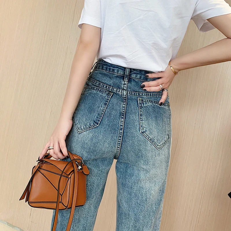 Camkemsey Vintage Mom Jeans Woman 2019 Fashion Asymmetric Bevels Autumn Winter Classic High Waist Straight Jeans Female