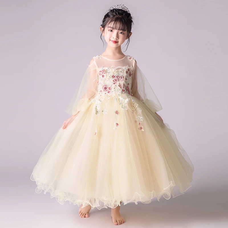 

Cute Girls Wedding Clothes Flare Sleeve Mesh Ball Gowns Princess Girl Pageant Vestidos Birthday Party Communion Dresses S95