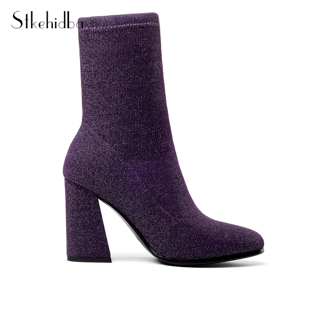 Tacones Punta Moda Dedo purple Tobillo Botas Calcetín Del Mujeres Las Pie Otoño Chunky Estiramiento De Botines Altos 43 34 blue Black Elástico Sexy Stkehidba En YTS6xwT