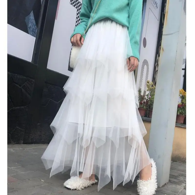 Новое поступление, Весенняя стандартная юбка длиной до щиколотки, фатиновая юбка принцессы, гофрированные длинные юбки для женщин