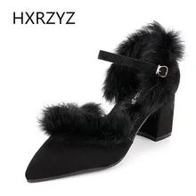 Brand HXRZYZ spring/summer fashion 6cm High Heels Women Ankle Strap Shoes pointed-toe Square heel artificial rabbit fur Pumps