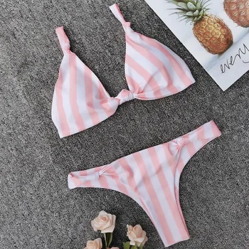 

Sexy Striped Push Up Padded Women Two-Piece Bathing Suits Summer Knotted Top Brief Two 2 Pieces Sets Casual Bath wear 2019 New