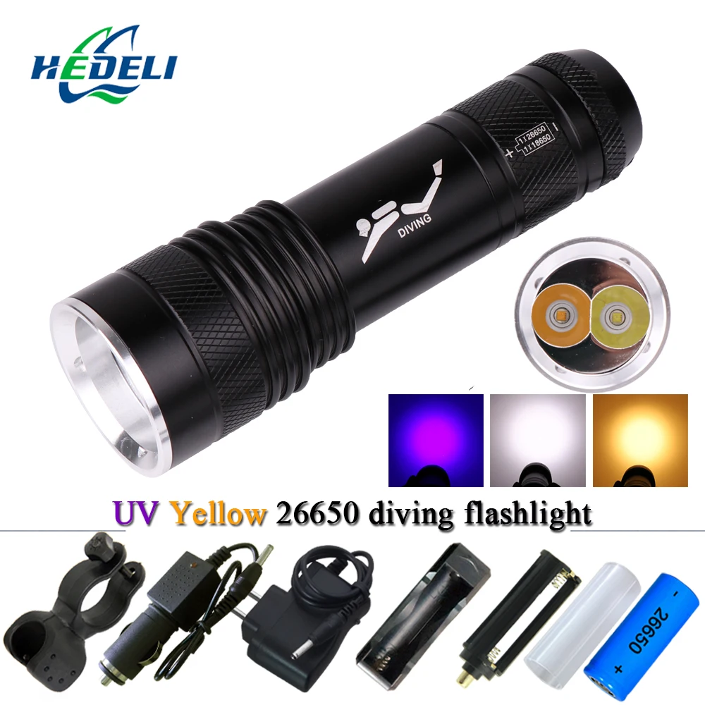 

scuba flashlights diving flashlight uv purple light xml t6 waterproof torch Underwater lanterna 26650 or 18650 or AAA battery