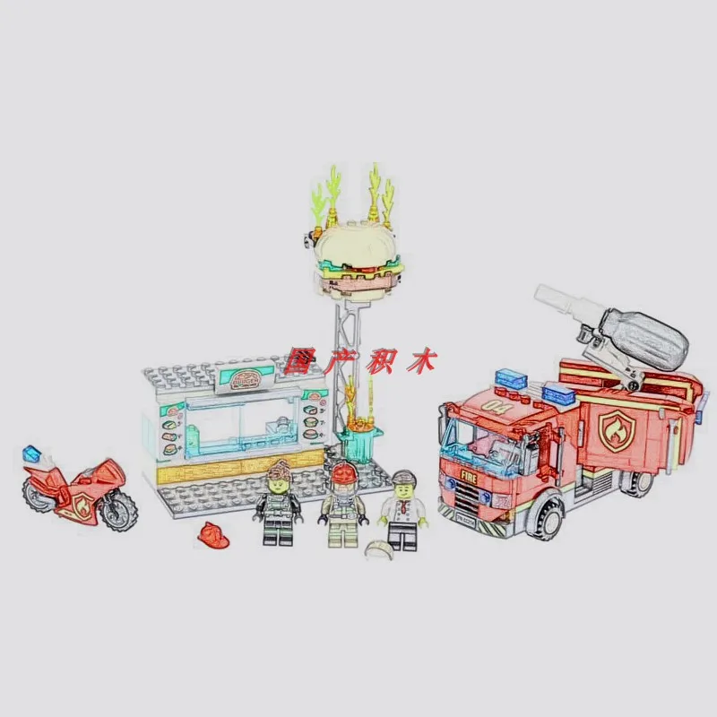 

28048 349pcs burger bar rescue city firemen fire truck lele building blocks compatible 60214 Toy For Children Christmas Gifts