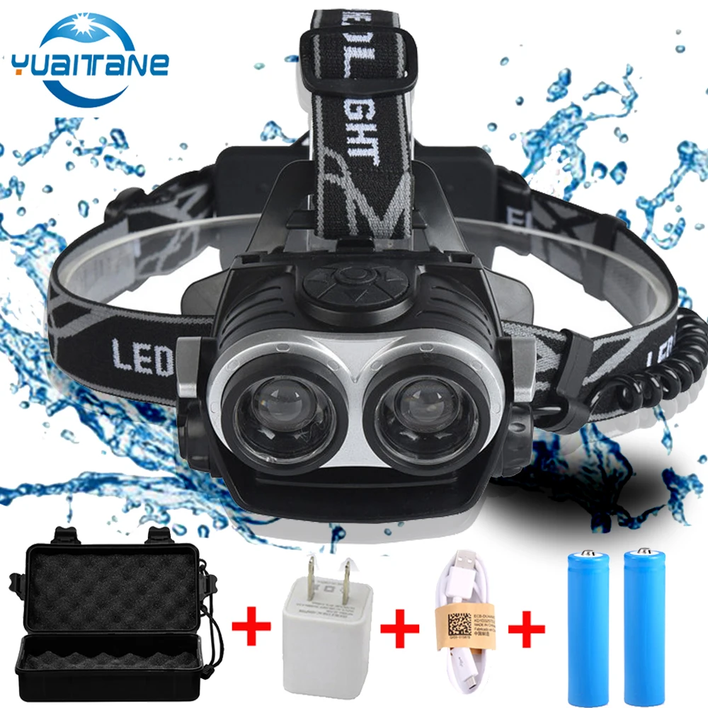 Vente Lampe frontale LED 2 * T6 Zoomable Focus phare LED lampe frontale torche USB Rechargeable lanterne lampe de poche utiliser 2*18650 batterie