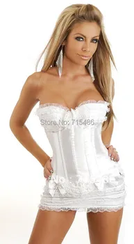 

Newly Design Overbust Corset Hot Selling Four Avalibale Size Bridal Corset White Satin Corset with Mini Skirt
