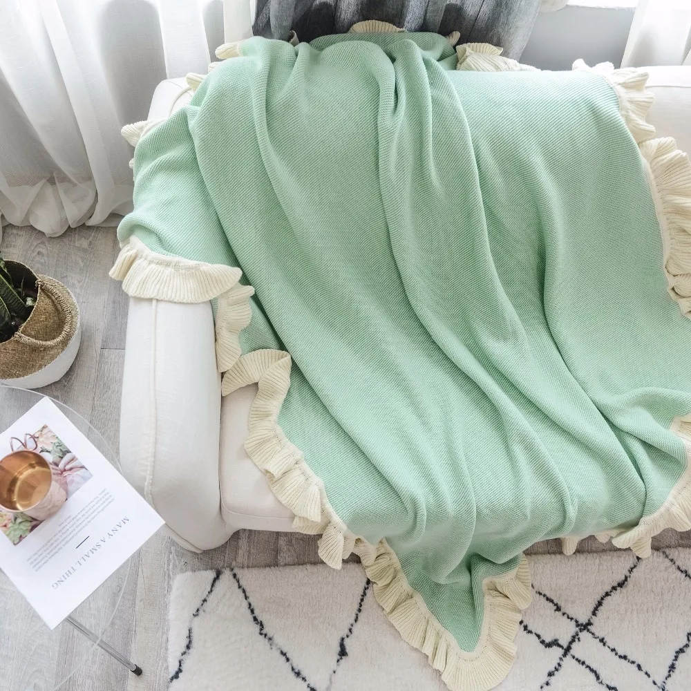 Green Throw Blanket with Ruffles Travel Blanket Airplane Thin Cotton