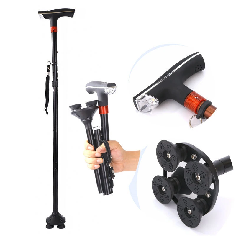 Led Light Alarm Function illuminated T handle Folding Walking Stick Old