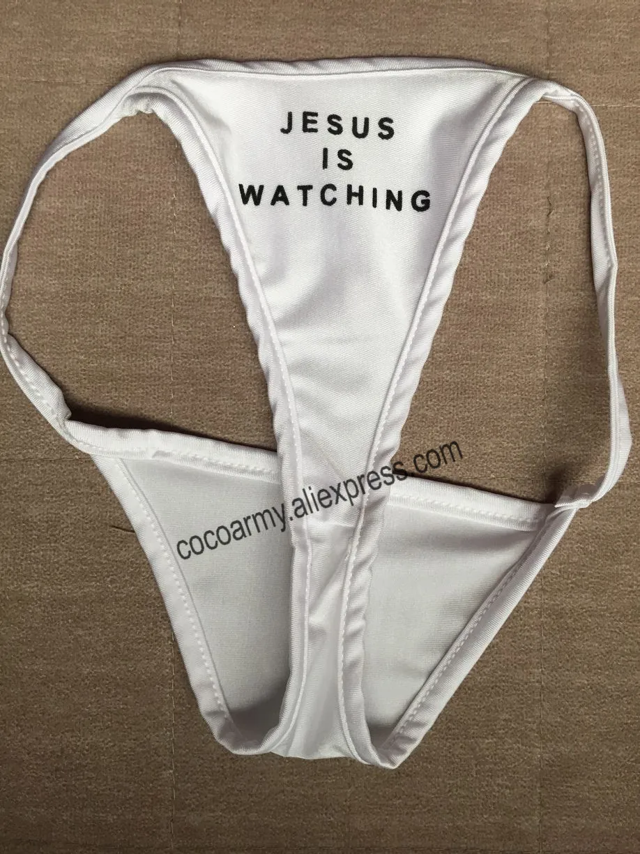 

JESUS IS WATCHING You Funny Letter Printed V-string Thong Brief,Underwear Lingerie Erotic Ladies Seamless Bikini White Panties