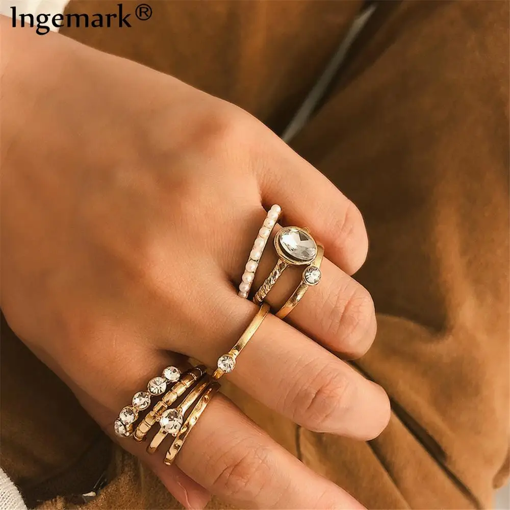 

8 Pcs/set Bohemian Crystal Flower Rings Set Women Midi Finger Charm Personality Imitation Pearl Rhinestone Ring Anniversary Gift