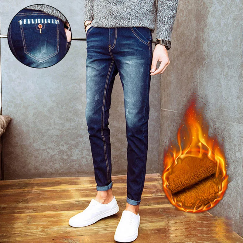 New arrival autumn winter Casual thicken thermal Fleece men's add wool Denim teenagers pencil pants hot men's jeans