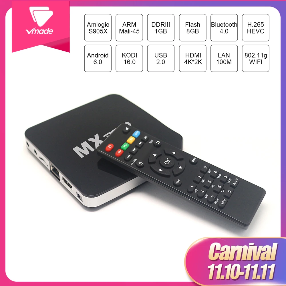 

Vmade Android 6.0 TV Box Mxpro Amlogic S905X Quad Core ARM Coretex-A53 Up to 2.0GHz 1GB 8GB H.265 4K 2K Media Player Set Top Box