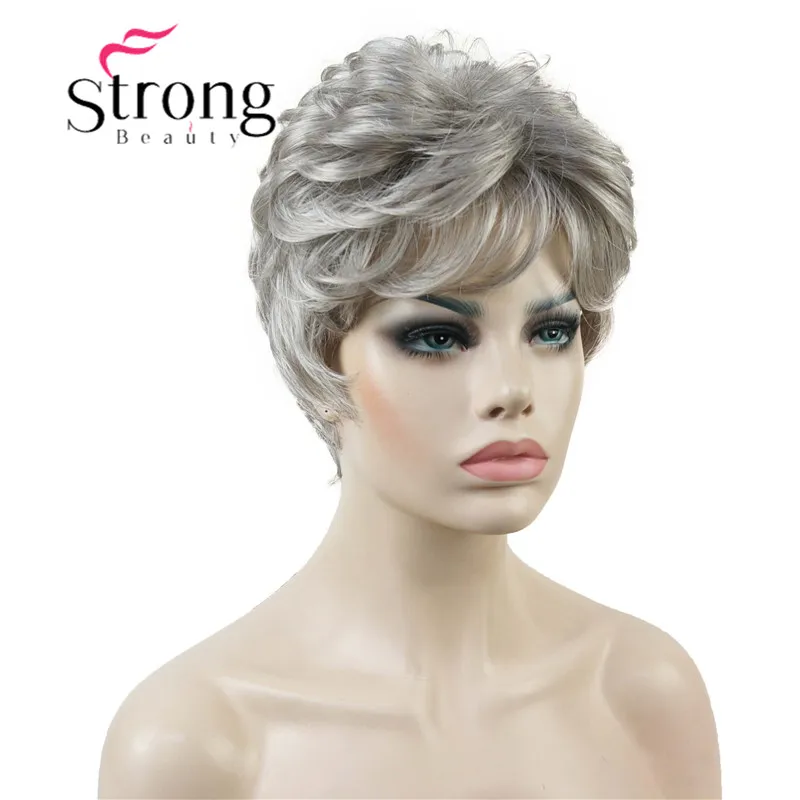 

StrongBeauty Short Silver Grey Soft Layered Fluffy Full Synthetic Wig Natural Wave Wigs