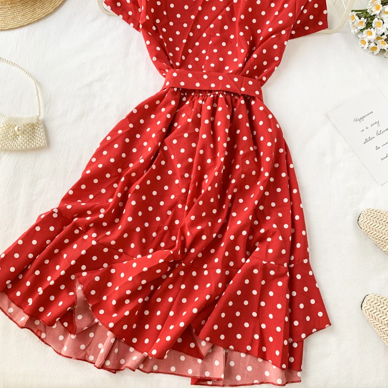 Vintage Polka Dot Print V Neck Ruffles Short Bandage Dress Chiffon Summer Party Women Casual High Waist Beach Dresses