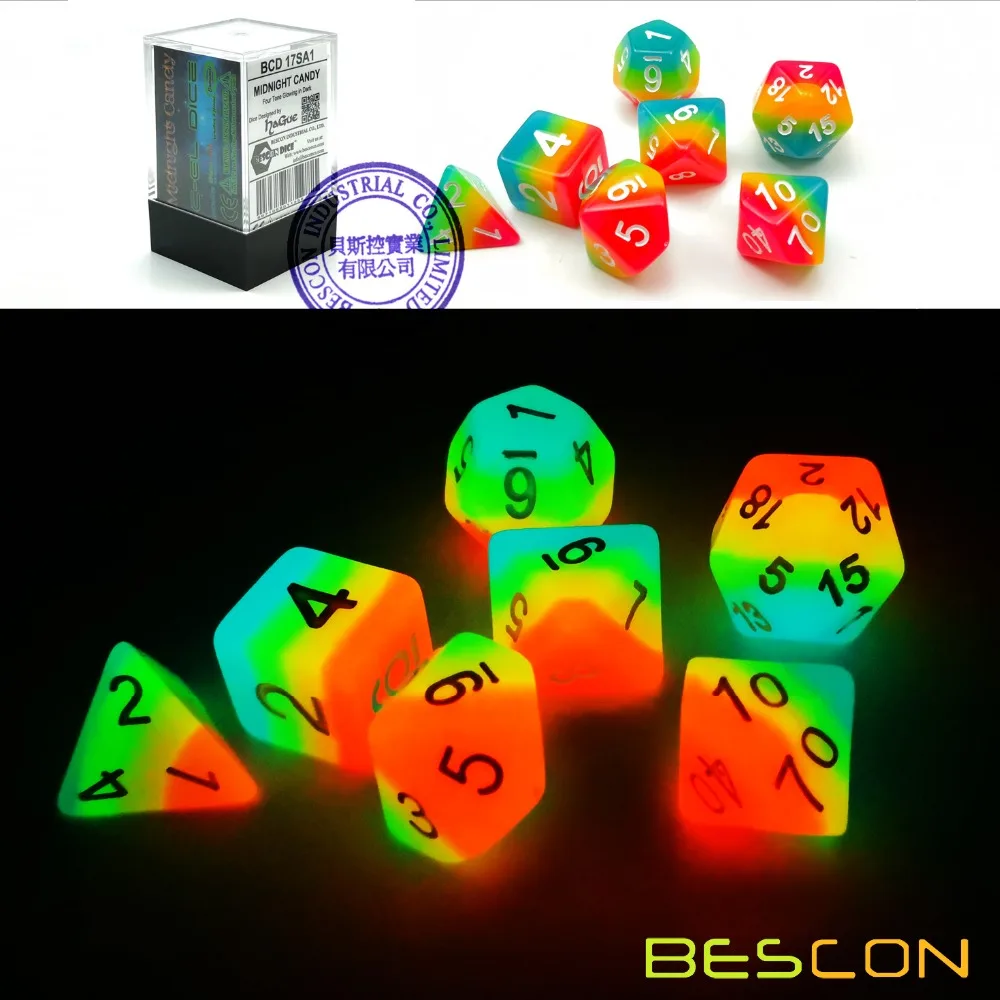 

Bescon Fantasy Rainbow Glowing Polyhedral Dice 7pcs Set MIDNIGHT CANDY, Luminous RPG Dice Set Glow in Dark,Novelty DND Game Dice