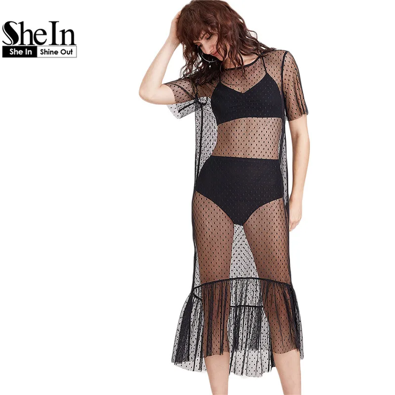 Buy Cheap SheIn Summer Beach Dress Women Black Ruffle Hem Sheer Dotted Mesh Dress Ladies Short Sleeve High Low Sexy Midi Dress