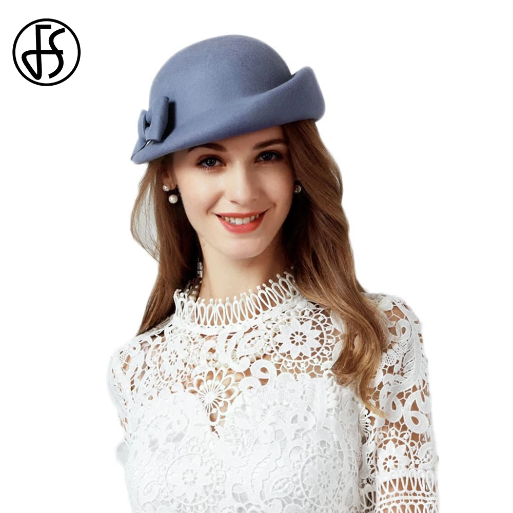 

FS Fashion Wool Baret Cap For Women Winter French Hat Round Felt Fedoras Hats With Bowknot Ladies Elegant Warm Blue Black Beret