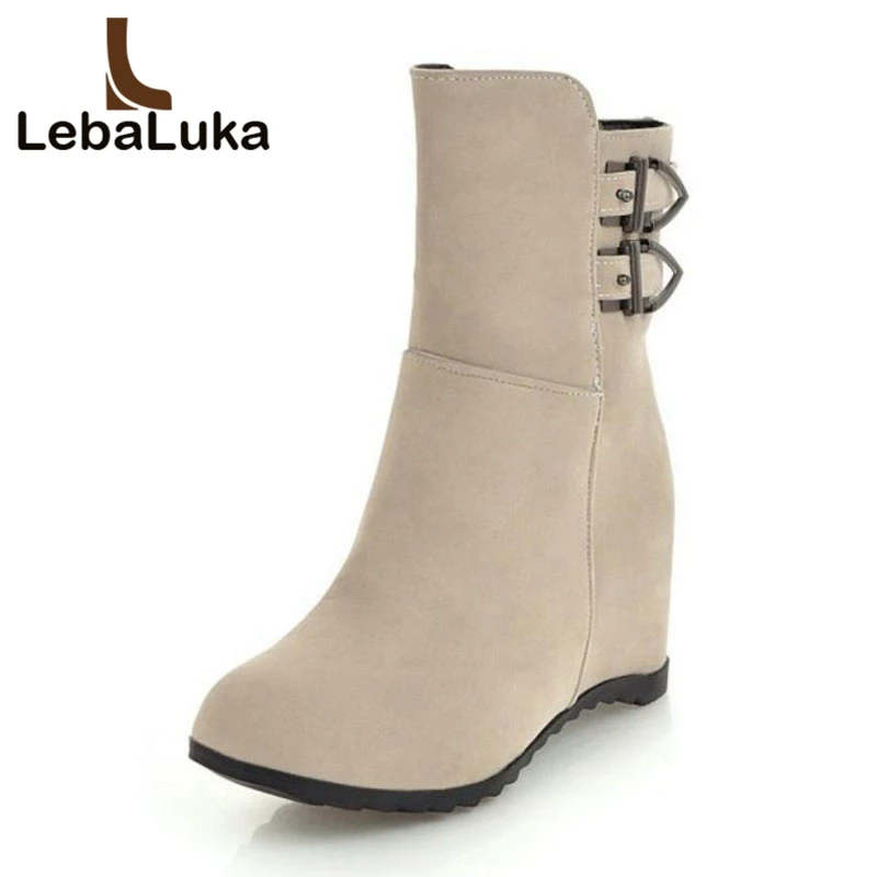 

Tuyoki Size 34-43 Women Ankle Boots Fashion Buckle Warm Fur Shoes Woman Height Increasing Wedge Boots Round Toe Winter Shoes