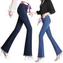 Осенние новые эластичные микро-ла джинсы с высокой талией женские брюки большого размера прямые брюки расклешенные брюки женские грубые широкие брюки