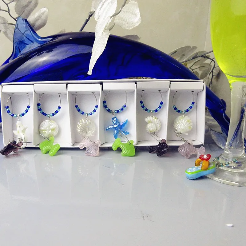 

Wholesale glass starfish model sculpture decorative pendant creative cartoon animal wedding birthday party Wine GLASS CHARM SET