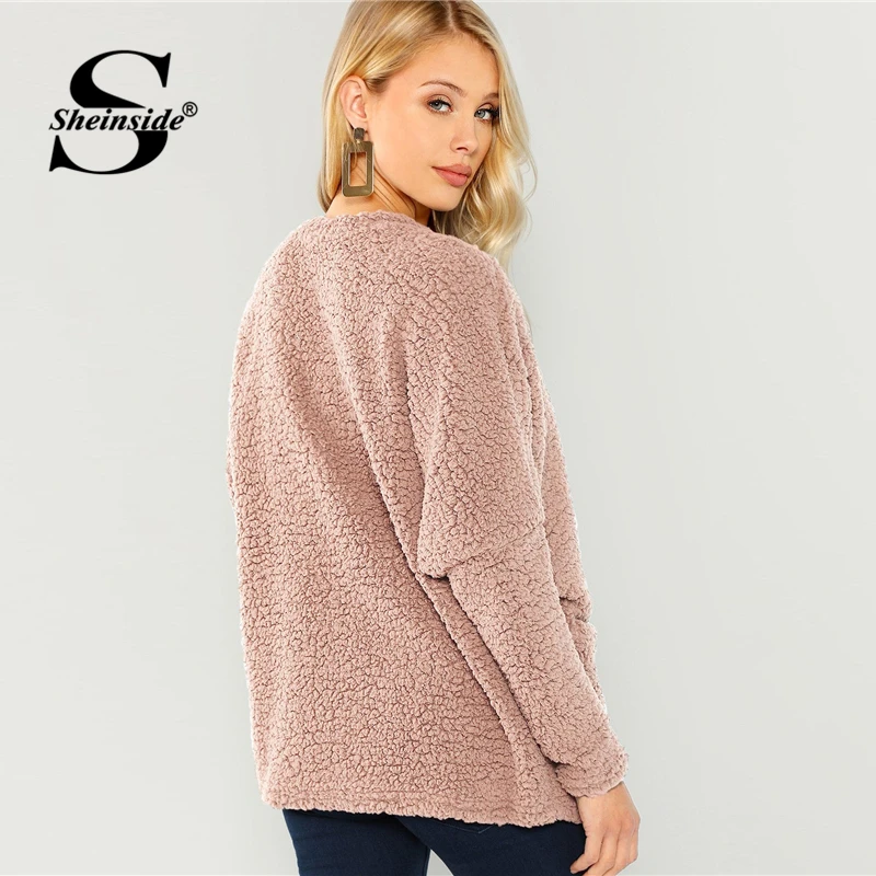 Sheinside الوردي التصحيح جيب مفتوحة الجبهة فو الفراء تيدي معطف الخريف الشتاء قمم للمرأة 2018 قميص إمرأة معاطف وسترات
