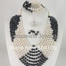 Великолепный строк пресноводного Ювелирные изделия из жемчуга набор шармов Ассорти белый/черный жемчуг комплект с ожерельем для вечеринки, FP120