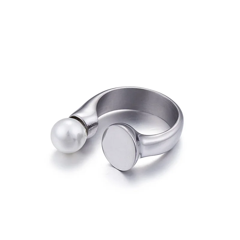 

Fashion Women Brand Silver Stones Plated Stainless Steel Round White Ball Pearl Opening Simulated Pearl U Rings Jewelry