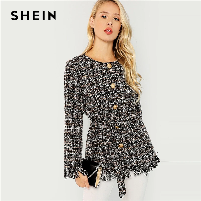 

SHEIN Black Elegant Highstreet Single Breasted Hem Button Belted Tweed Blazer Coat 2018 Autumn Office Lady Women Outerwear