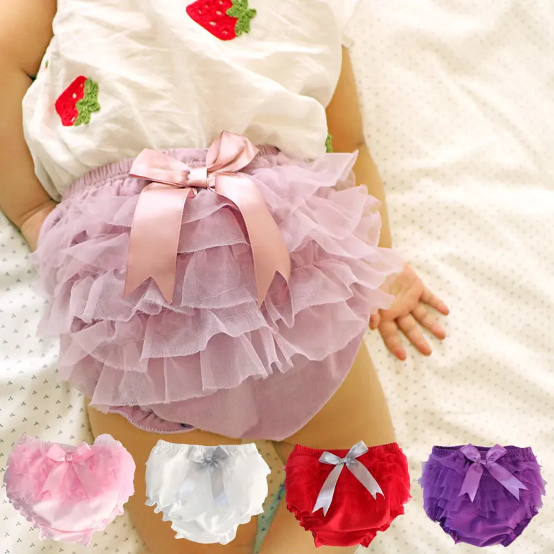 Baby Bloomers Princess Bow Girls Short Pants Ruffle Mesh Infant Toddler Cotton Panties Diaper Covers