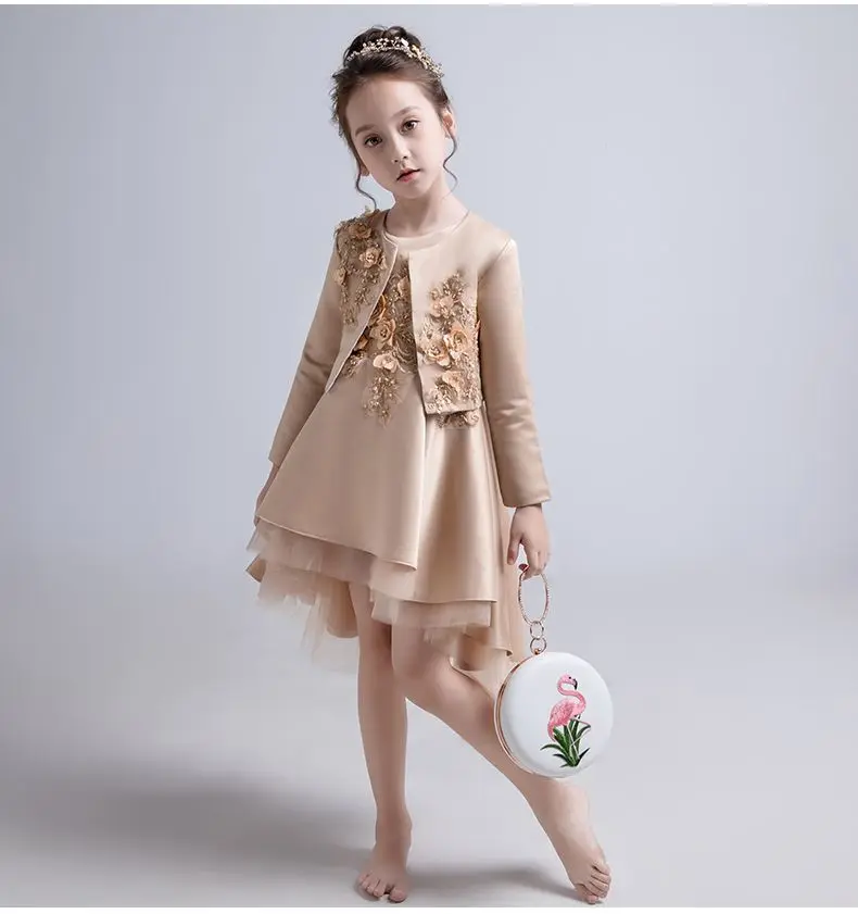 Детские вечерние кружевные платья с аппликацией для девочек торжественное свадебное платье для девочек-подростков+ пальто, 2 предмета, детские платья принцессы с блестками и жемчугом, Q189