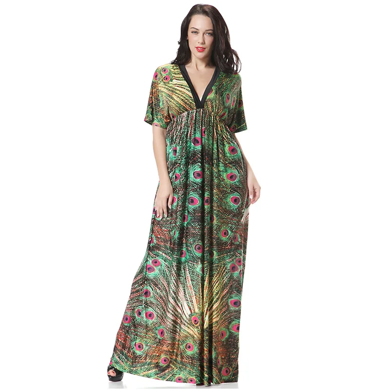 

Green Peacock Print Long Dresses Big Size xl-7xl V neck Sexy Beach Sundress Short Sleeve Large Plus Size Women Clothes 4xl 5xl