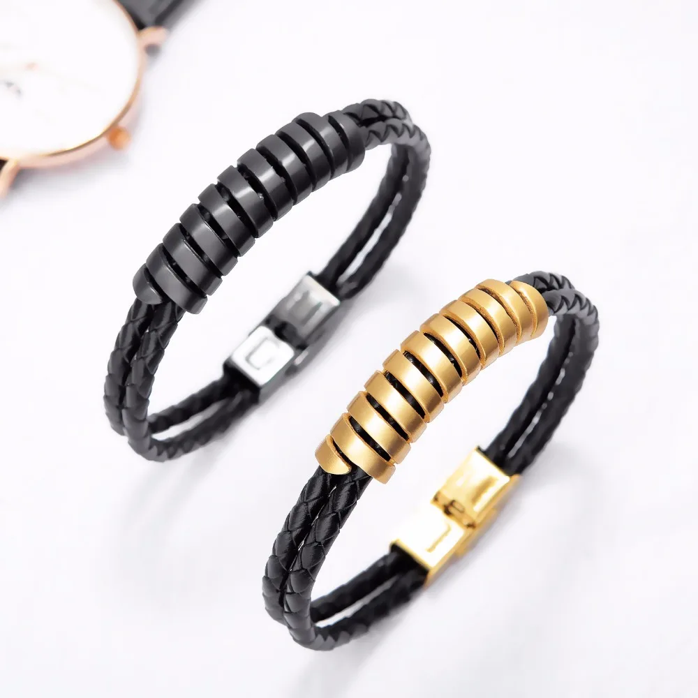 FATE LOVE Punk Male Men Statement Charm Bracelets Fashion Jewelry Gift Black PU Leather Wristlet Stainless Steel PH1286