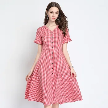 

2019 Summer cute plaid dress V neck single breasted petal sleeves elegant midi Dress casual vestidos plus size tunics L-xxxxxl