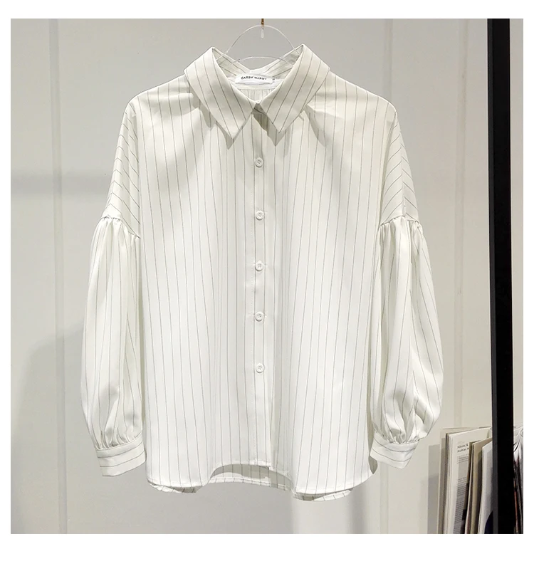 Новинка осени, полосатая женская блузка с рукавами-фонариками, свободная Офисная женская элегантная белая рубашка, топы, верхняя одежда