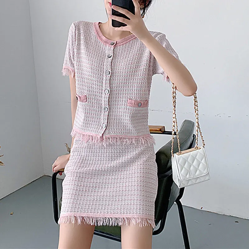 

Elegant Knitted 2 Piece Set Women O-neck Short Sleeve Single Breasted Cardigan Tops and High Waist Mini Skirt Suit Two Piece Set