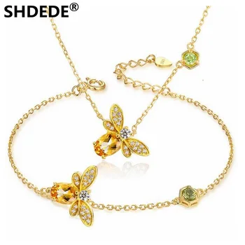 

SHDEDE 925 sterling silver jewelry 100% natural topaz honey bee necklace bracelet high-end Engagement jewelry sets